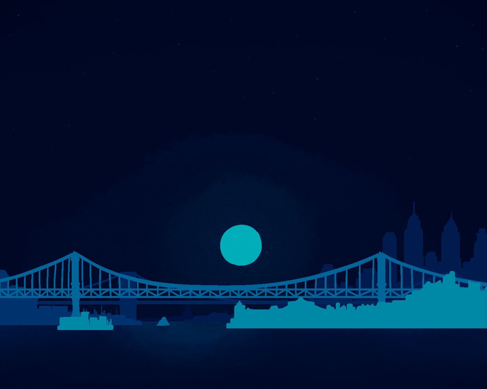 A blue monochrome silhouette of brooklyn across the water