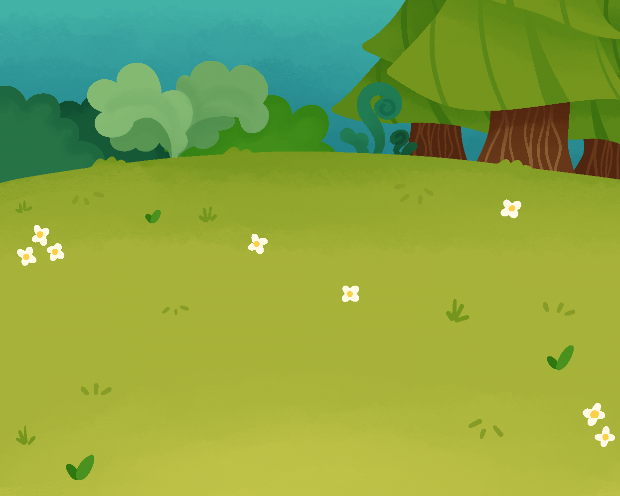 A green field dotted with flowers, with bushes and trees at the top and a teal sky behind it