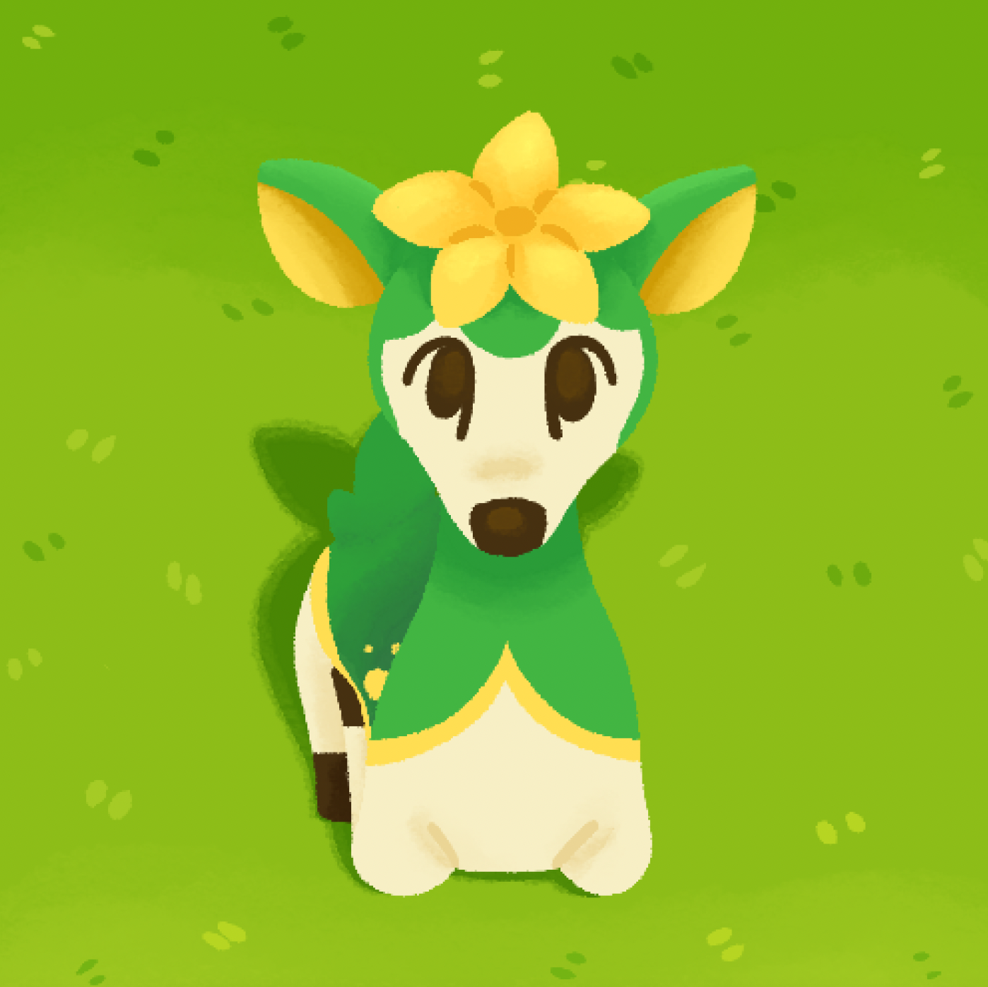 Deerling (a pokemon) sitting on green grass and looking up