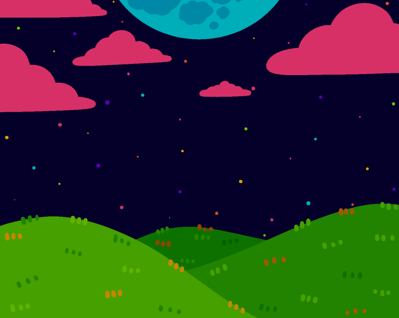 Green hills against a night sky with pink clouds and a blue moon