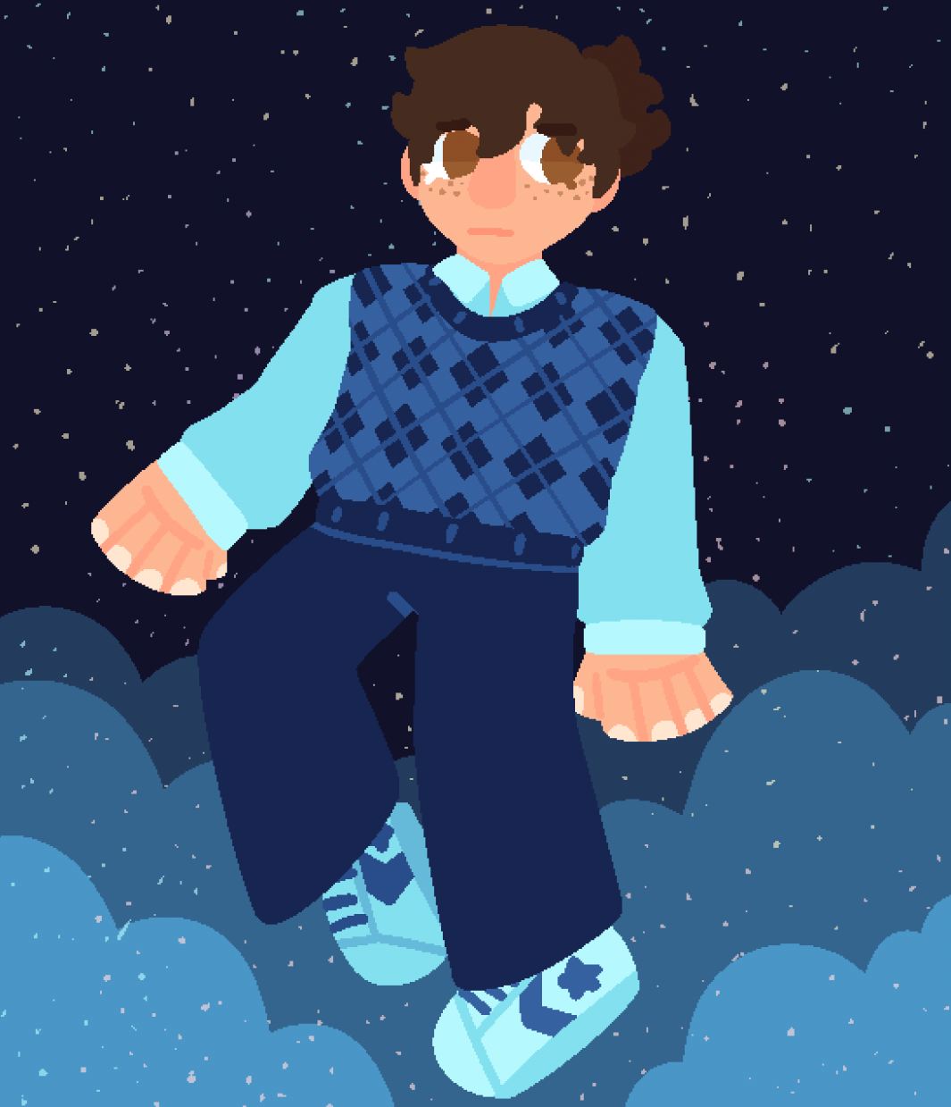 A girl in blue floating against a similarly navy sky